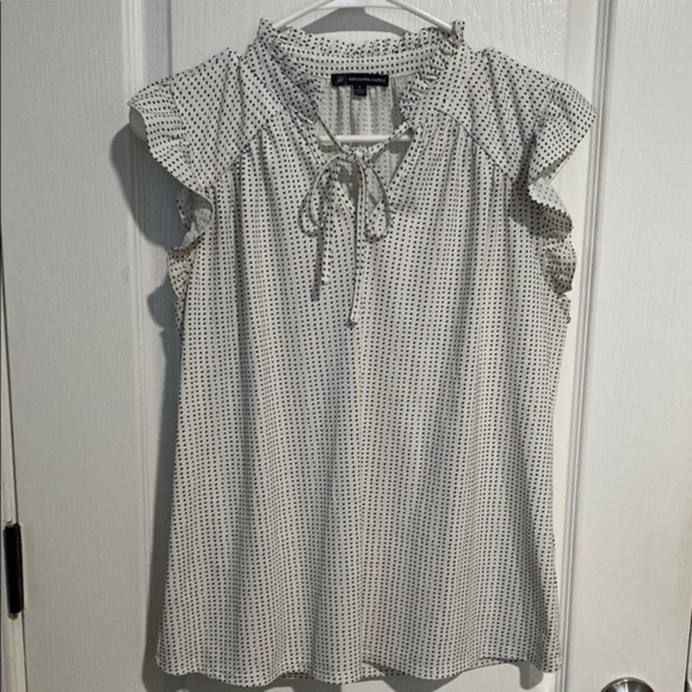 Adrianna Papell Ruffled Flutter Sleeve Blouse in White and Black - Picture 2 of 11